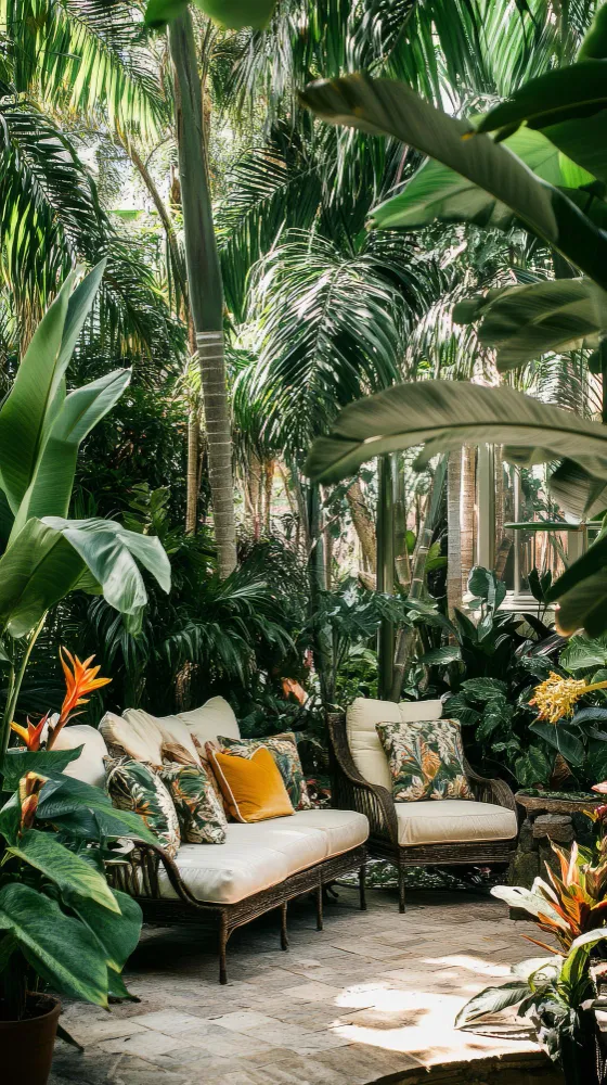 Тропические композиции для создания атмосферы отпуска. Пальмы, монстеры и банановые деревья в больших кашпо. Яркие цветущие растения как акценты в интерьере террасы. 