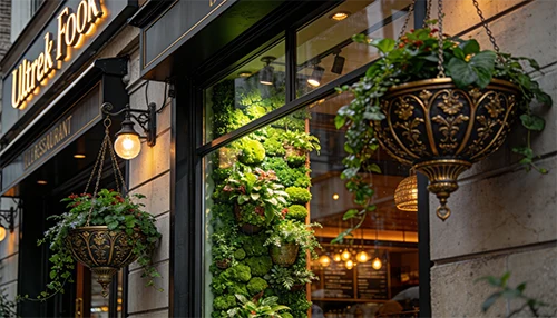 Сочетайте живые цветы с сухоцветами и декоративным мхом. Разместите их ярусно: крупное кашпо у основания, средние кашпо— на полке, моховые панели — на заднем плане. Такой приём добавляет глубину без сложных флористических решений.